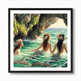 Three mermaids. Inspired by the style of John William Waterhouse.  Art Print