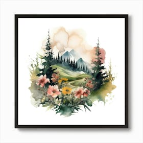 Watercolor Landscape With Flowers Art Print