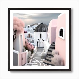 Santorini Village Pink Landscape Art Print