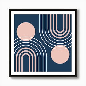 Mid Century Modern Geometric B32 In Navy Blue And Pastel Pink (Rainbow And Sun Abstract) 02 Art Print