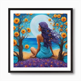 Moon And Sunflowers Art Print