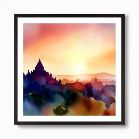 Watercolor sunset In Bagan 1 Art Print