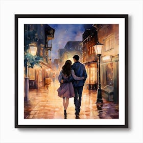 Couple Walking In The Rain Art Print