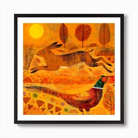 Hare And Pheasant Square Art Print