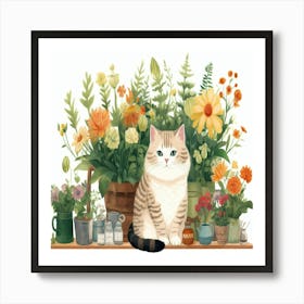 Cat With Flowers 1 Art Print