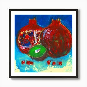 Kiwi And Pomegranates - square red blue kitchen still life Anton Maliar Art Print