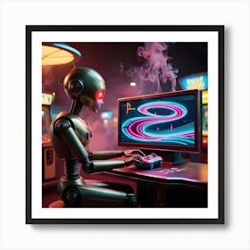 A Worn, Retro Futuristic Robot With Brass Accents And Visible Mechanical Joints Sits In A Dimly Lit, Smoke Filled Arcade, Its Glowing Red Eyes Fixed On A High Tech Video Game Console Displaying A Mesmerizing Neon Lit Virtual World Art Print