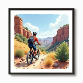 Mountain Bike On A Rocky Trail With A Canyon View Watercolor 1 Art Print