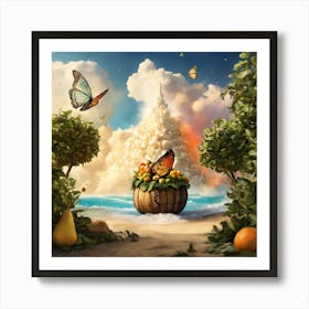 Basket Of Fruit And Butterflies Art Print