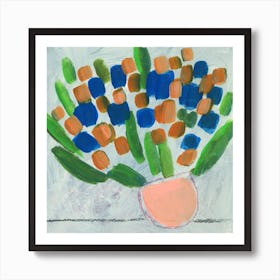 Floral Mood - painting hand painted abstract flowers peach orange green blue square still life kitchen living room Art Print