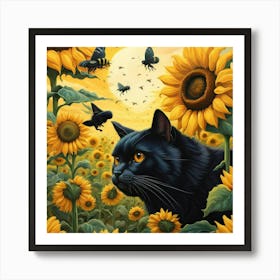 Black Cat In Sunflower Field Art Print