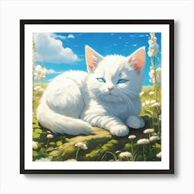 White Cat In The Meadow 1 Art Print