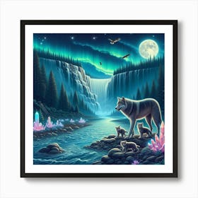Wolf and Cubs by Crystal Waterfall Under Full Moon and Aurora Borealis Art Print