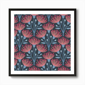 AUSTRALIAN EUCALYPTUS Floral in Deep Red Pink Light Blue on Navy Blue Art Print