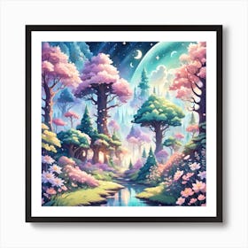 A Fantasy Forest With Twinkling Stars In Pastel Tone Square Composition 389 Art Print