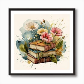 Best books and flowers on watercolor background 7 Art Print