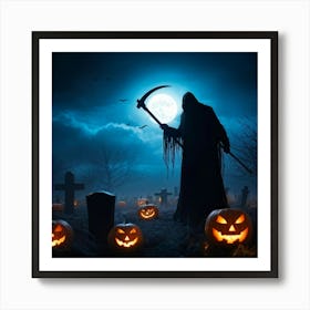 Reaper Silhouette Scythe Raised Against A Backdrop Of A Full Moon On Halloween Night With Wisps O (4) Art Print