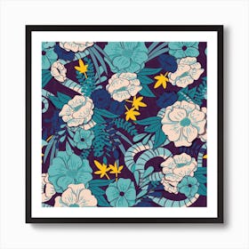 Flower And Floral Pattern On Purple With Blue And Yellow Decoration Square Art Print