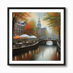 Amsterdam cafes, autumn season, rain, autumn oil colours.Faded colours,People passing on the street, winter clothes, rain umbrellas.3 Art Print