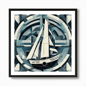 Exploration Ship Monochrome Cubism Style Art Print