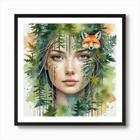 Fox And Girl In The Forest 1 Art Print