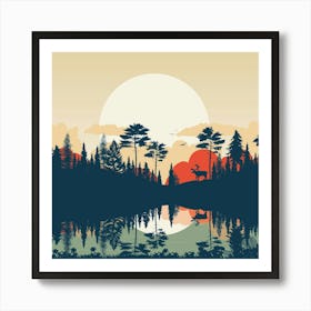 Summer Lake Forest Sunset Deer Water Art Print