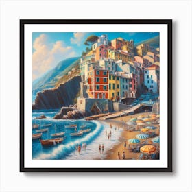 A Day in the Sun: A Realistic and Detailed Painting of a Beach Scene in Cinque Terre Art Print