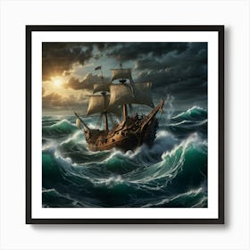 Pirate Ship In Stormy Sea 1 Art Print