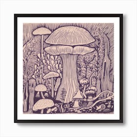 Mushroom Woodcut Purple 11 Art Print