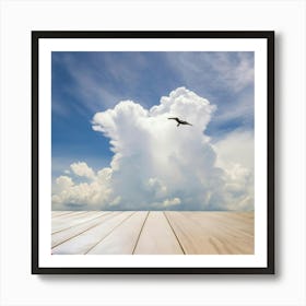 Bird Flying Over A Wooden Table Art Print