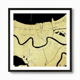 New Orleans Gold On Black Street Map Art Print