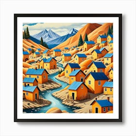 Prospectors Village With Stream Cubism Style Art Print