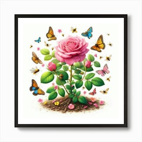 Pink Rose With Butterflies Art Print