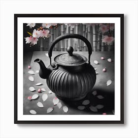 Firefly A Minimalistic Modern Rustic Beautiful Japanese Cast Iron Teapot, Illustration, A Few Sakura (3) Art Print