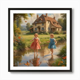 Two Girls Playing In A Stream Art Print