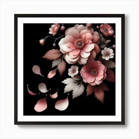 Pink Flowers On A Black Background Art Print