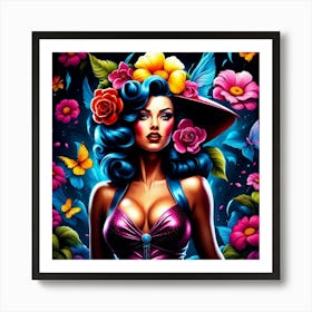 Pin Up Girl With Flowers Art Print