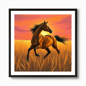 Horse Galloping In The Field At Sunset Art Print