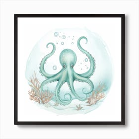 Storybook Style Octopus With Seaweed 2 Art Print