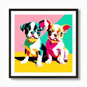 'Boston Terrier Pups' , This Contemporary art brings POP Art and Flat Vector Art Together, Colorful, Home Decor, Kids Room Decor,  Animal Art, Puppy Bank - 19th Art Print
