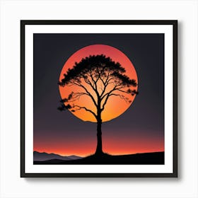 Silhouette Of A Tree At Sunset, A Minimalist Line Drawing Of A Lone Tree Silhouetted Against A Fiery Sunset 2 Art Print