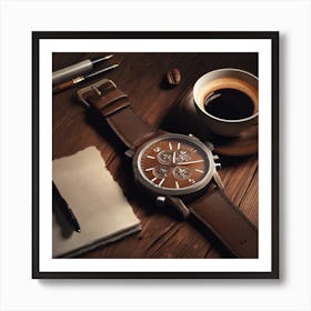 Brown Watch On A Dark Brown Wooden Table With A Art Print