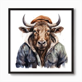 Watercolour Cartoon Wildebeest In A Hoodie 1 Poster