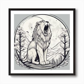 Sticker Art Design, Lion Howling To A Full Moon, Kawaii Illustration, White Background, Flat Colors, (1) Art Print