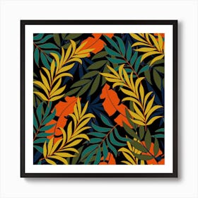 Fashionable Seamless Tropical Pattern With Bright Green Blue Plants Leaves Art Print