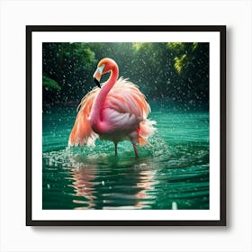 Firefly Green, Soft, Plush, Flamingo, Swimming, Transparent, Glass Lake, Sunlight, Snow, Falling, Re (3) Art Print