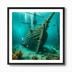 Into The Water Snorkeling In Amsterdam S Crystal Clear Lake, Unveiling A Sunken Shipwreck Style Hyperrealistic Underwater Art (4) Art Print