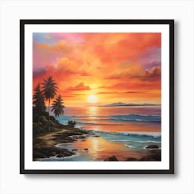 Sunset At The Beach \ Acrylic colours Art Print