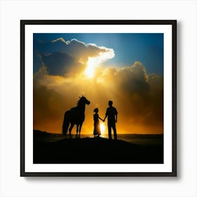 Silhouette Of Couple And Horse At Sunset Art Print