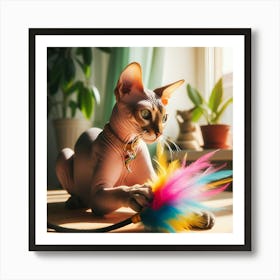 Sphynx Cat Playing With Feather Art Print